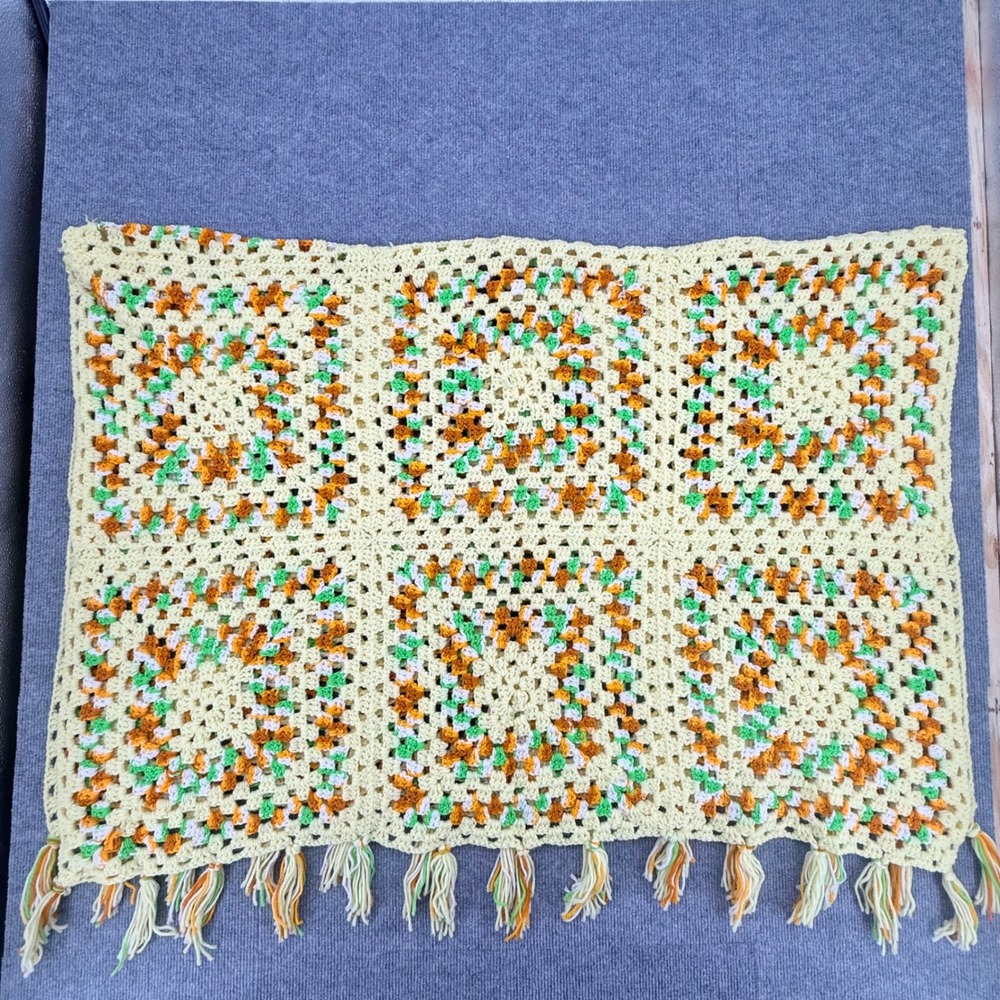 Vintage Handmade Crochet Granny Square Throw Blanket Yellow Orange Green 58x40